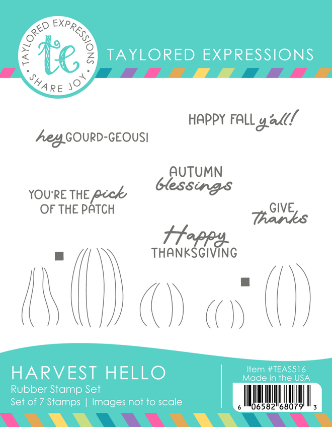 Graphic of Harvest Hello Stamp Set with sentiments and pumpkins on it for papercrafting.