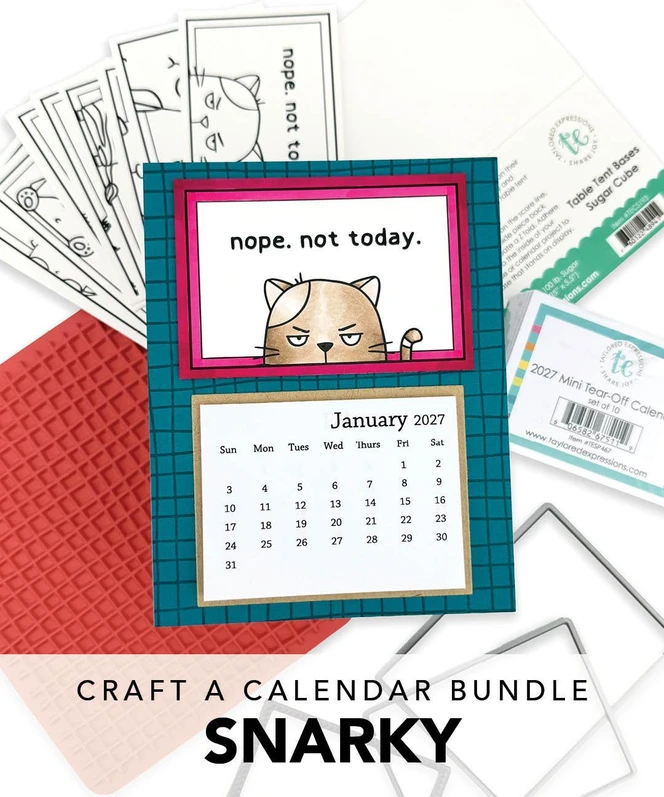 Handmade 2027 Snarky calendar featuring a grumpy cat design with “nope. not today.” above a mini tear-off calendar.