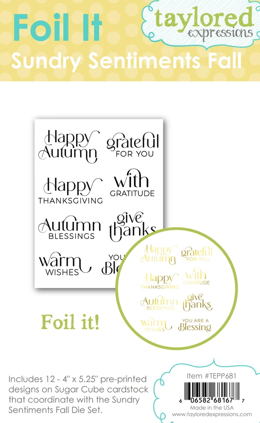 Taylored Expressions Foil It - Sundry Sentiments Fall packaging featuring a collection of autumn greetings in decorative script and mixed fonts, ready for metallic foiling.