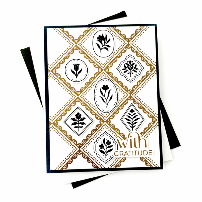 Handmade thank you card featuring gold diamond-shaped frames, black botanical accents, and a With Gratitude sentiment.