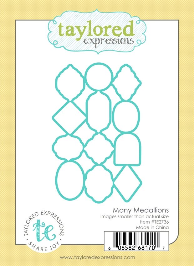 Taylored Expressions Many Medallions Coordinating Die packaging featuring steel cutting dies in assorted geometric shapes designed to cut coordinating floral medallions.