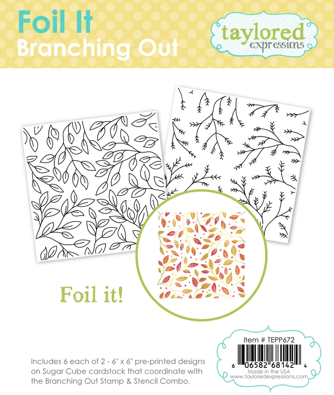 Taylored Expressions Foil It - Branching Out packaging featuring two toner-printed botanical designs with leafy branches and foliage for metallic foiling.