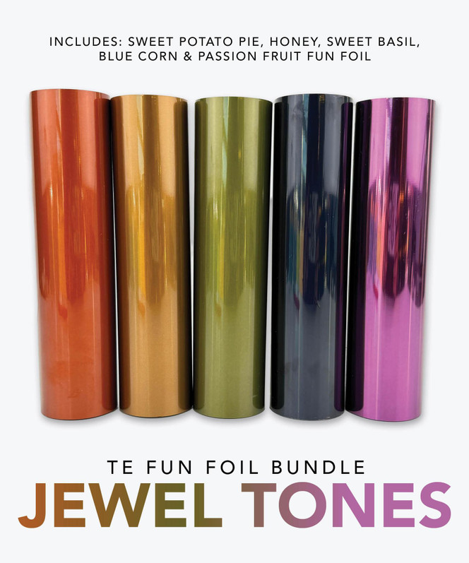 Taylored Expressions TE Fun Foil Bundle - Jewel Tones featuring five metallic foil rolls in Sweet Potato Pie, Honey, Sweet Basil, Blue Corn, and Passion Fruit, displayed side by side.