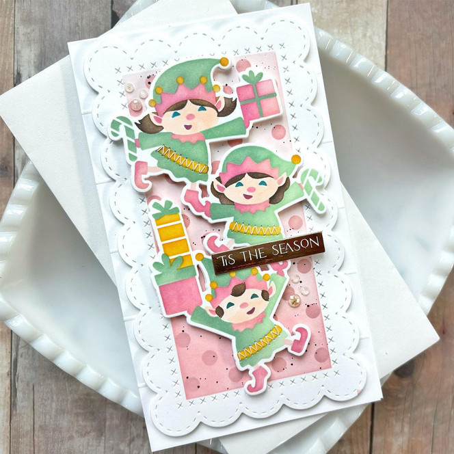 Handmade greeting card with elves on it and 'tis the season sentiment on it.