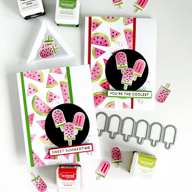 Two handmade greeting cards with popsicles on it with one having sweet summertime sentiment on it and one with you're the coolest sentiment on it.