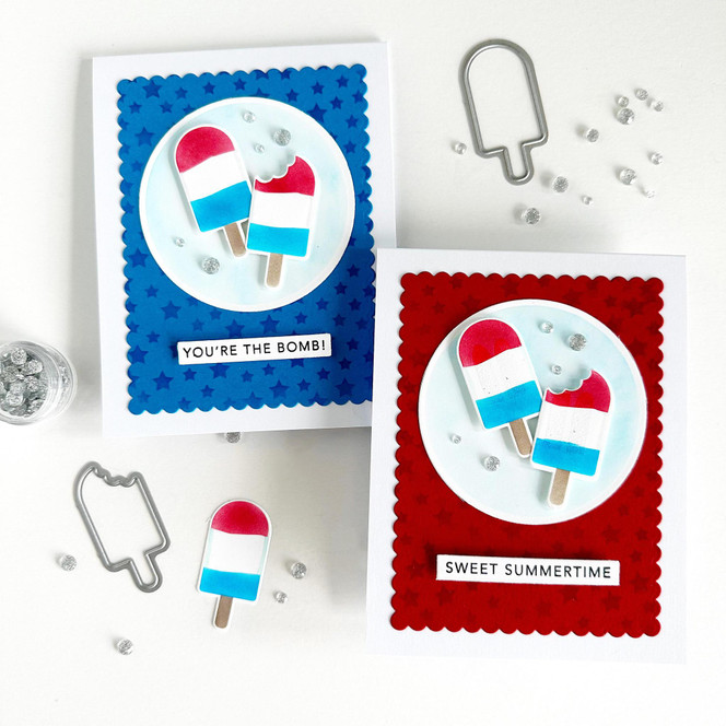 Two handmade greeting cards with popsicles on both with one having you're the bomb sentiment on it and one with sweet summertime sentiment on it.