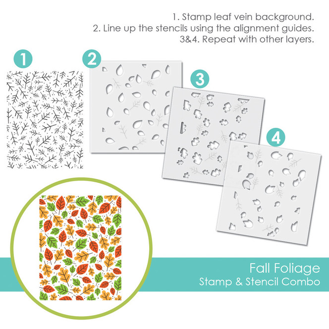 Graphic of Fall Foliage Stamp and Stencil combo for creating fall leaves for paper crafting.