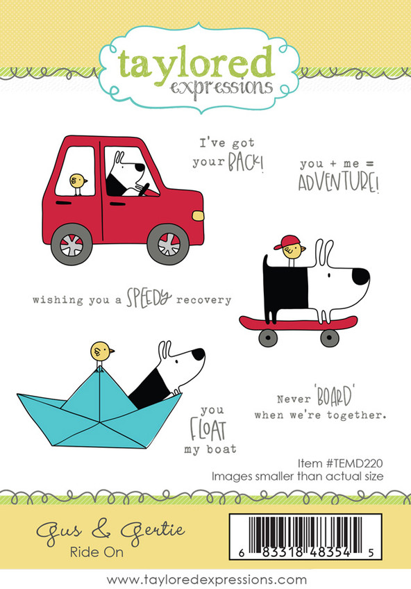 Gus & Gertie Ride On stamp set with a bird and dog in different transportation modes.