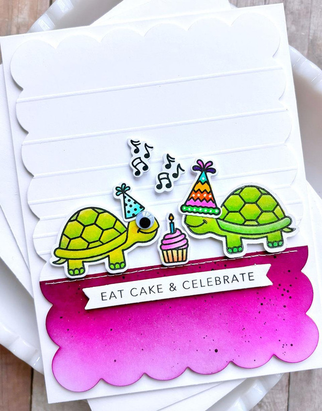 Handmade greeting card with turtles on it and eat cake and celebrate sentiment on it.