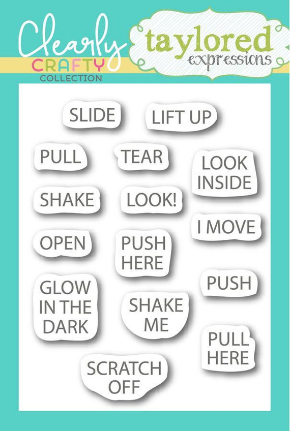Graphic of I'm Interactive clear stamp with sentiments used for papercrafting.