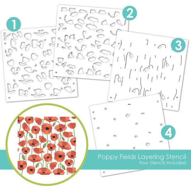 Graphic of 4 layers of Poppy Fields Layering Stencil for paper crafting.