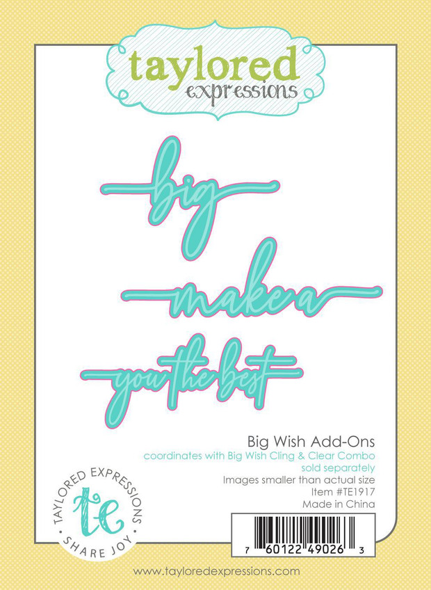 Graphic of Big Wish Add Ons steel die that include three sentiments for papercrafting.