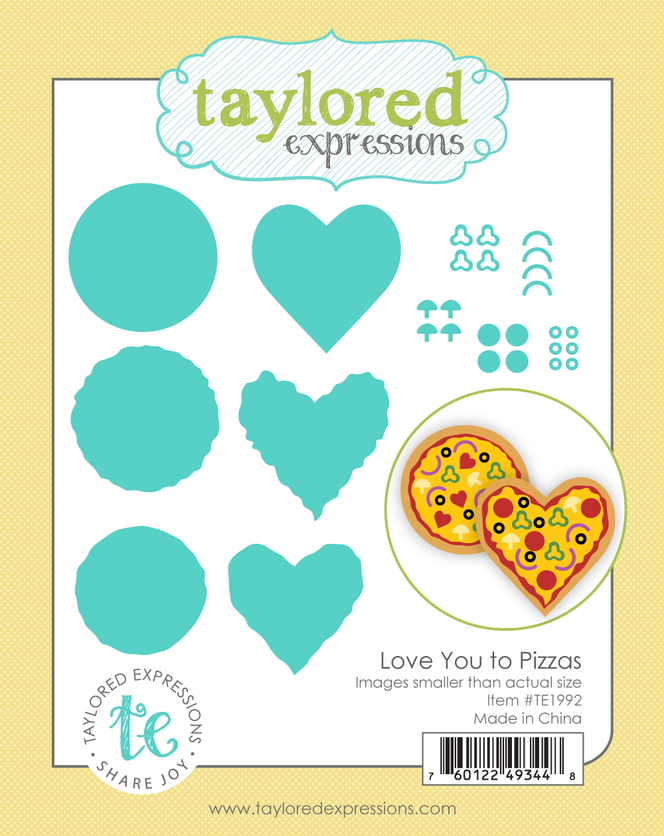 Graphic of Love You To Pizzas steel die set that cuts out pieces of a pizza for papercrafting.