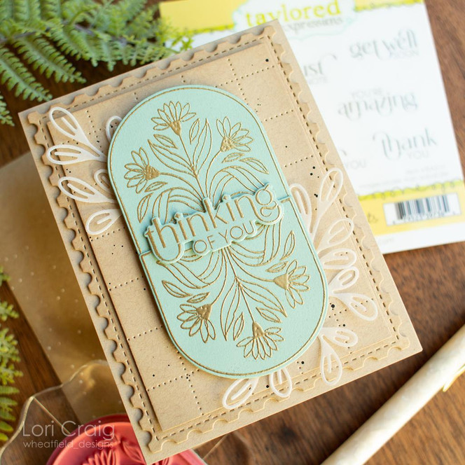 Handmade greeting card with flowers on it and thinking of you sentiment.