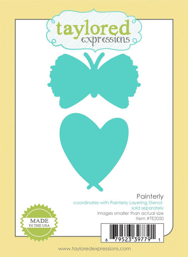Graphic of painterly heart and painted butterfly steel die for paper crafting.