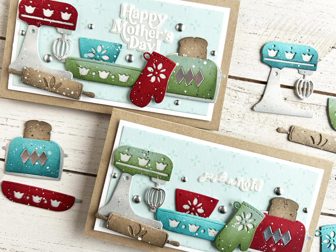 Two handmade greeting cards with baking machinery on it and different just because sentiments on both.