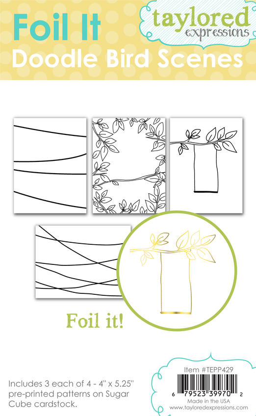 Graphic of packaging of doodle bird foil it scenes such as branch with swing, lines, and leaves, for paper crafting.