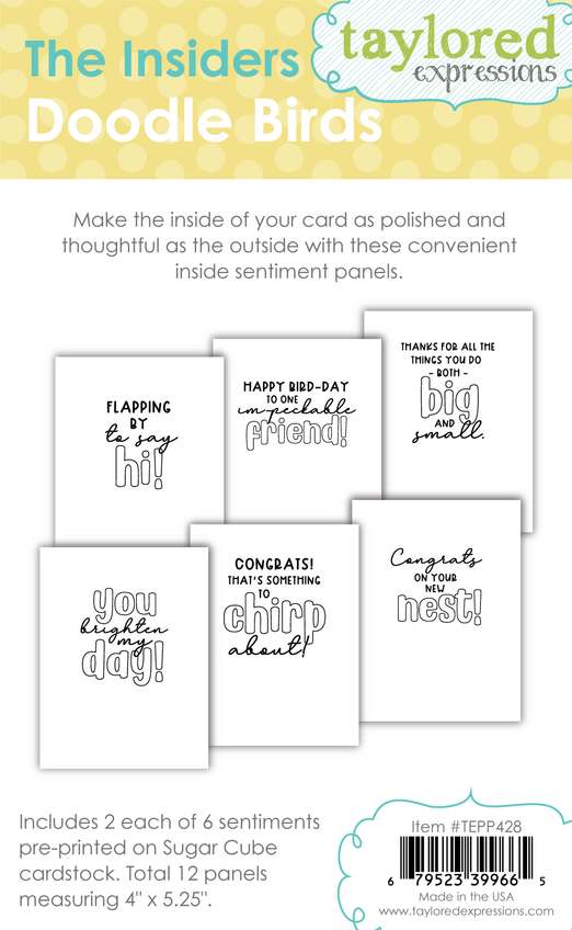 Graphic of packaging of insiders, sentiments for the inside of cards, with bird theme for paper crafting.