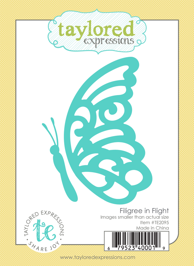 Graphic of packaging of Filigree in Flight, a butterfly steel die piece for paper crafting.