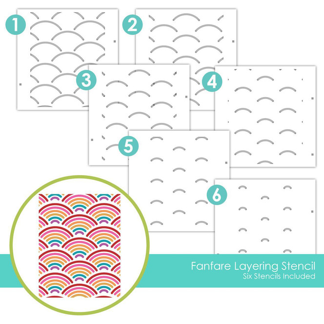 Graphic of Fanfare Layering Stencil which includes 6 stencils to create a rainbow pattern for papercrafting.