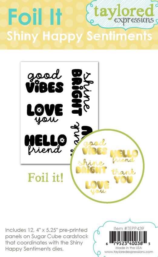 Graphic of packaging of 5 foil it happy sentiments for paper crafting.