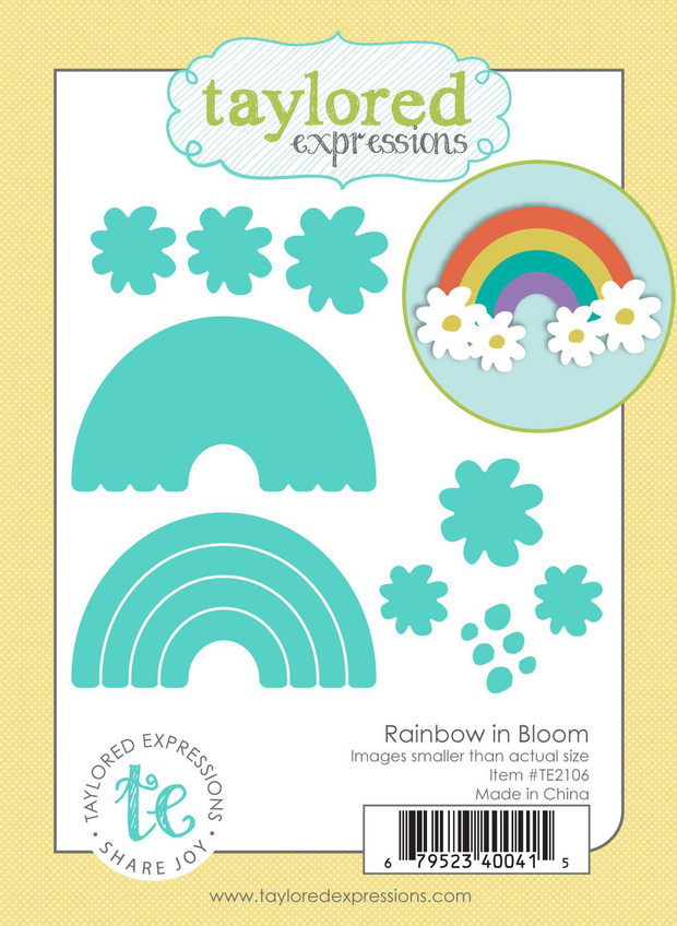 Graphic of packaging of 9 rainbow steel die pieces for paper crafting.