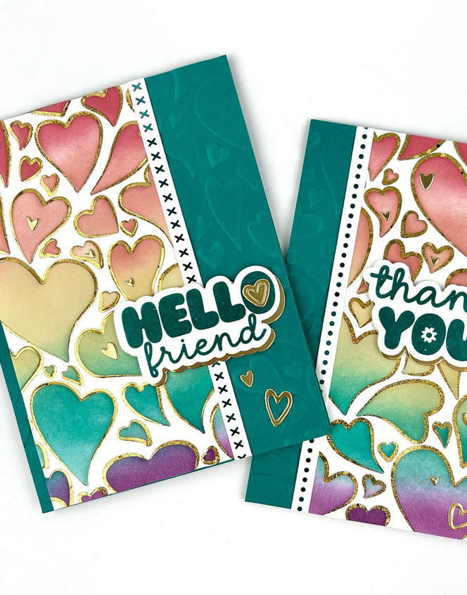 Two handmade greeting cards with hearts on each of them and one has a hello sentiment and the other has a thank you sentiment on it.