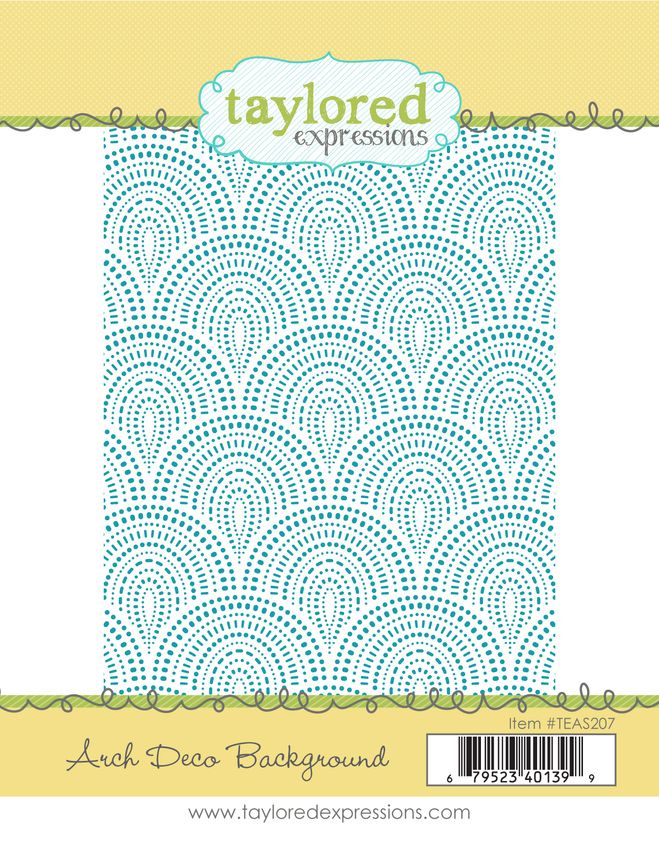 Graphic of Arch Deco Background which is a red rubber stamp that includes artistic decorated arches for papercrafting.