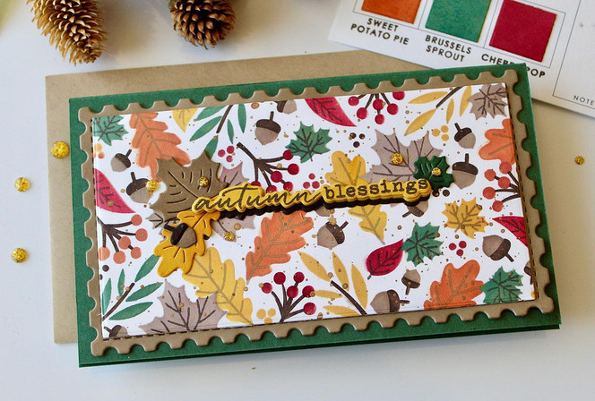 Handmade greeting card with autumn flowers on it and autumn blessings sentiment on it.