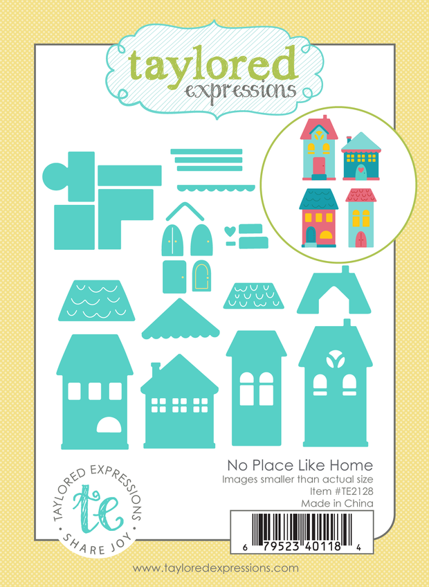 Graphic of packaging featuring four house-shaped steel dies and coordinating accessories for paper crafting.