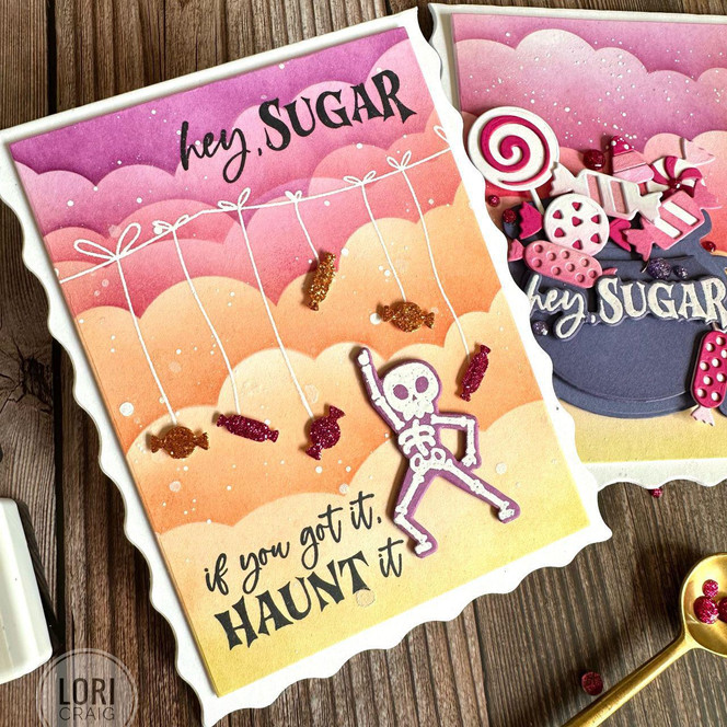 Handmade greeting card with dancing skeletons on it with candy and hey, sugar if you got it, haunt it sentiments on it.
