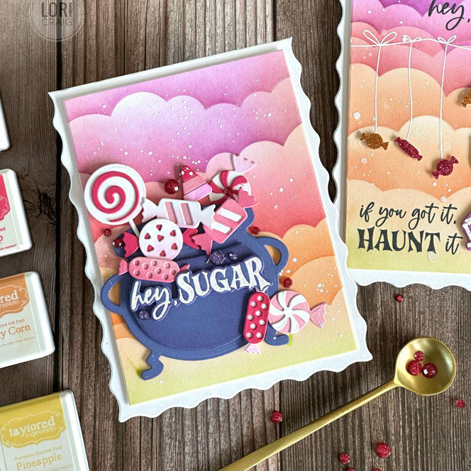 Handmade greeting card with cauldron and candy on it with hey, sugar sentiment on it.