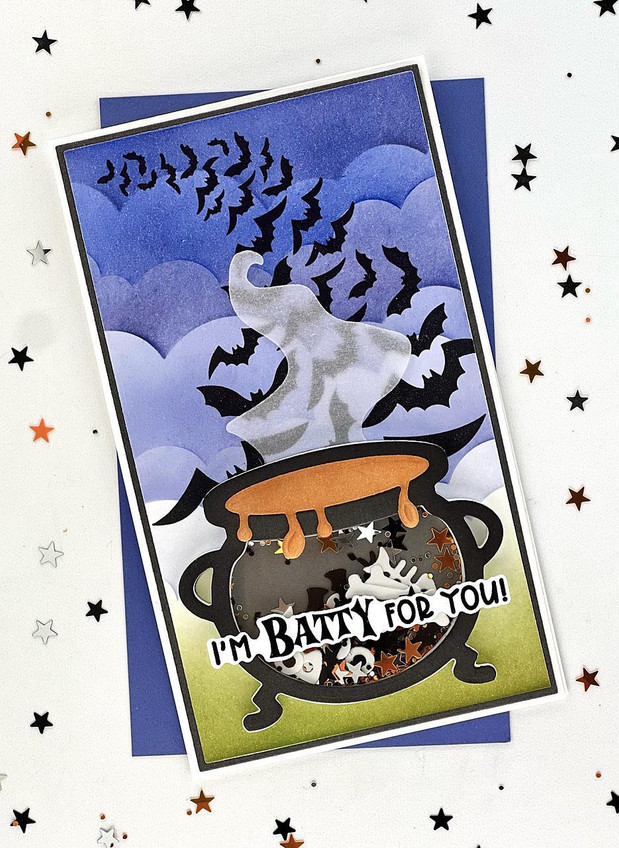 Handmade greeting card with a cauldron and bats on it with I'm batty for you sentiment on it.