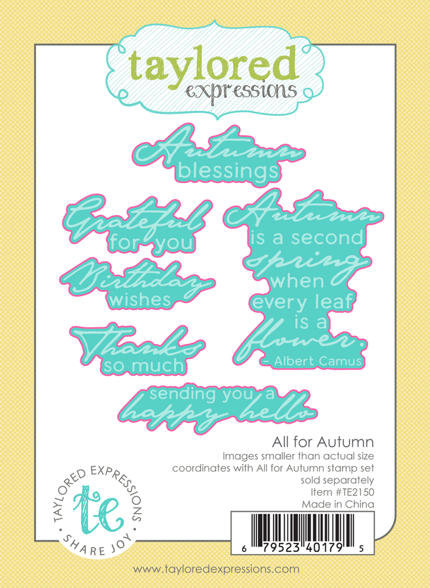 Graphic of packaging of 6 steel die autumn and fall sentiments used for paper crafting.