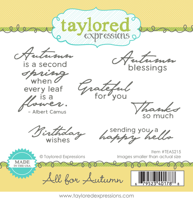 Graphic of packaging of 6 red rubber stamps with autumn and fall sentiments for paper crafting.