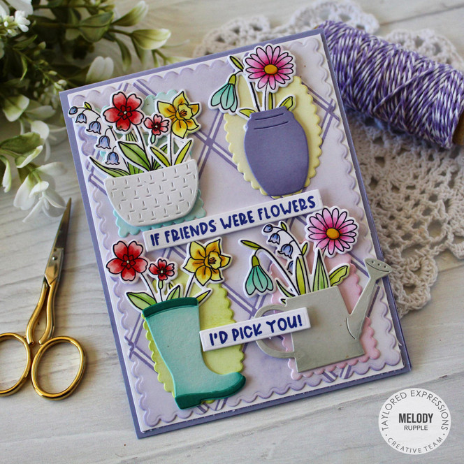 Handmade greeting card with flowers in different vases on it and if friends were flowers I'd pick you sentiment on it.