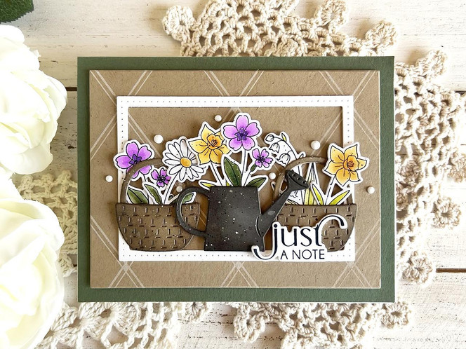 Handmade greeting card with flowers in vases and just a note sentiment on it.