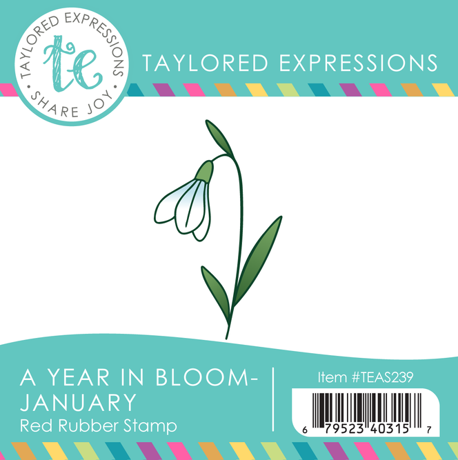 Graphic of A Year in Bloom - January red rubber stamp of one flower.
