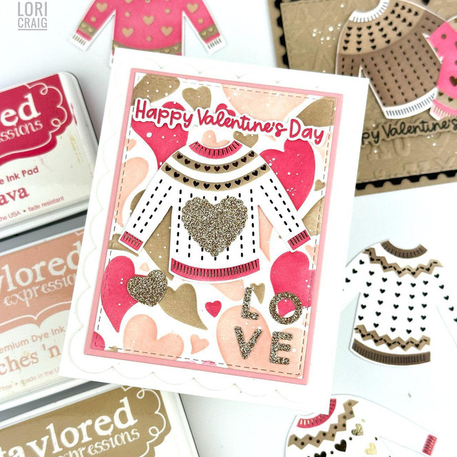 Handmade greeting card with hearts on it and Happy Valentine's Day sentiment on it.