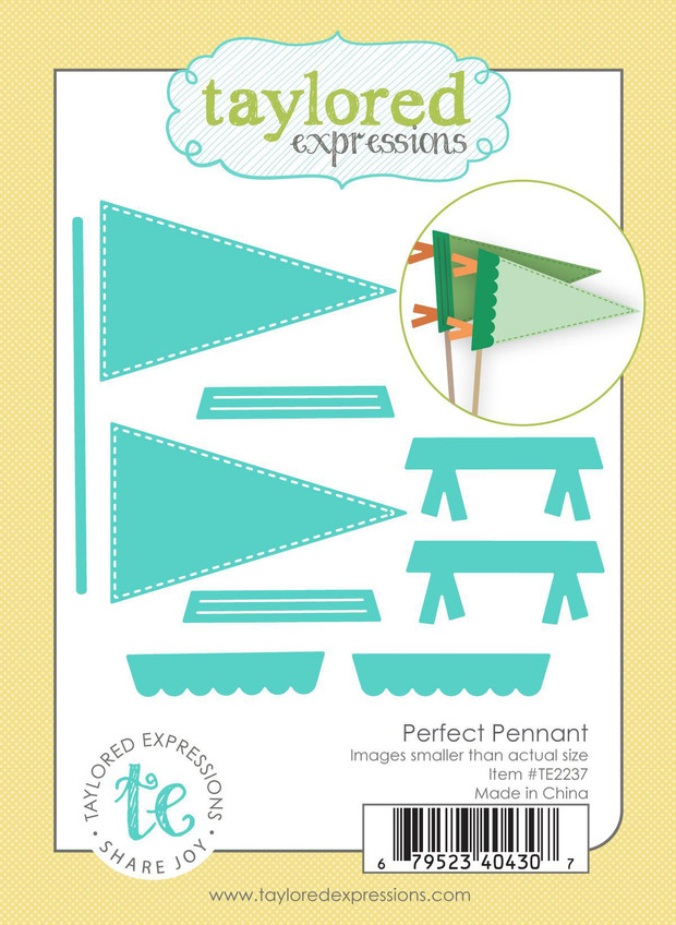 Graphic showing the Perfect Pennant steel die set, designed to cut festive pennants and flags for paper crafting projects and celebrations.