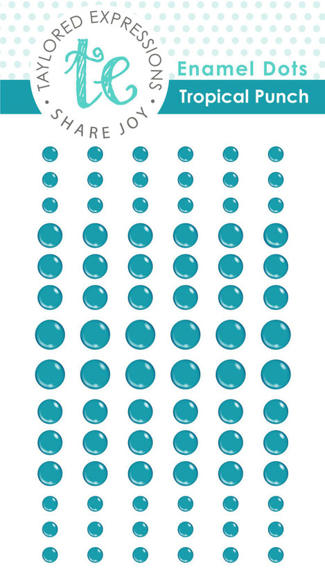 Packaging of a variety sized tropical punch blue enamel dots used for paper crafting.
