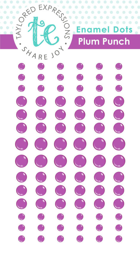 Packaging of a variety sized plum punch purple enamel dots used for paper crafting.