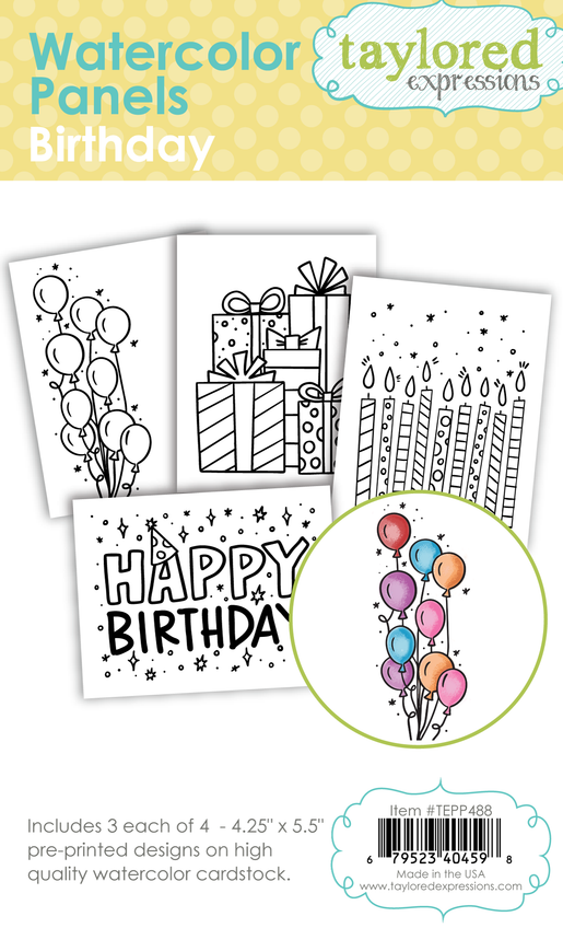 Graphic of 4 different watercolor panels for the inside of cards that are birthday themed for cardmaking.