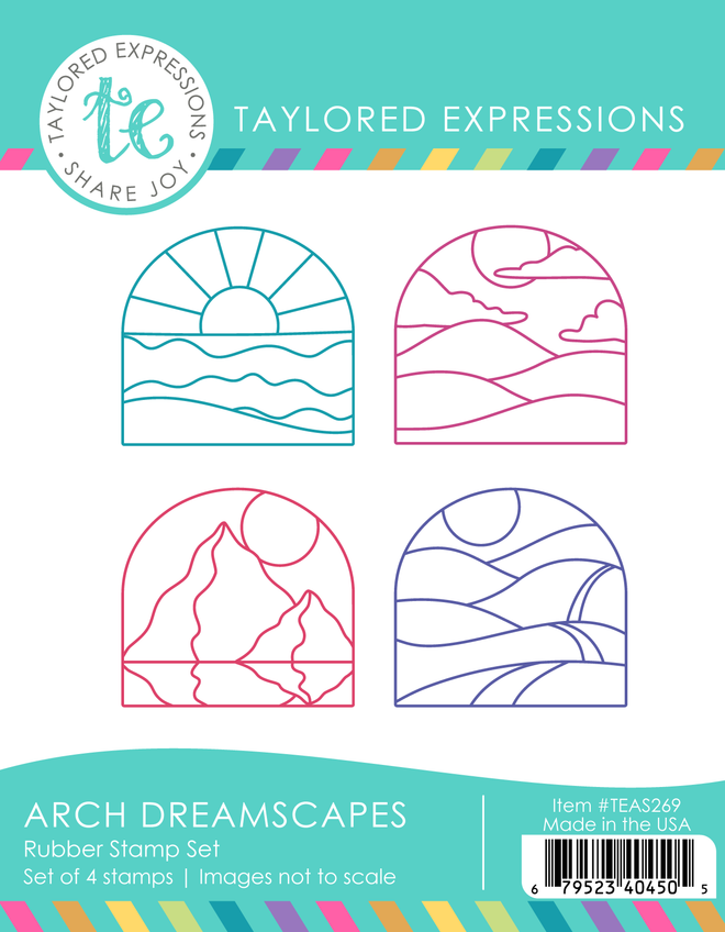 A graphic of packaging of four rubber stamp set including sunrise with waves, rolling hills, mountain reflection, and rolling hills with a path.