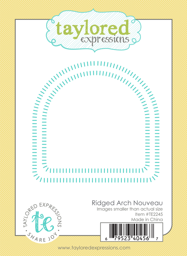 Packaging image featuring a steel die shaped like an arched window, with a sunset-over-water design.