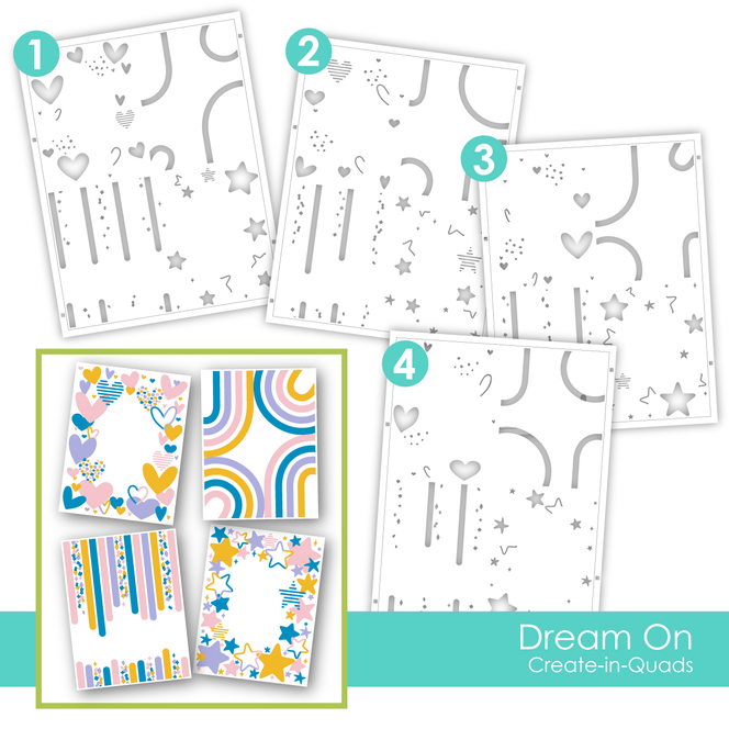 Set of 4 dream on create-in-quads stencils that create 4 different cards for paper crafting.