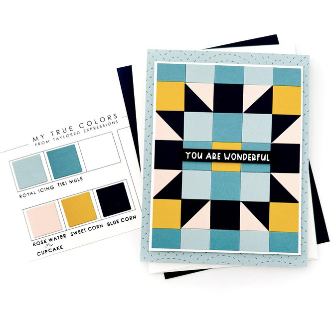 Handmade greeting card with patterned squares on it and you are wonderful sentiment on it with cardstock in background.