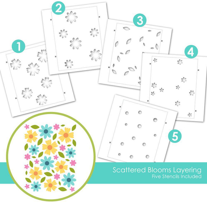 Graphic of Scattered Blooms Layering Stencil which includes 5 stencils for created flowers and leaves for papercrafting. Graphic of Scattered Blooms Layering Stencil which includes 5 stencils for created flowers and leaves for papercrafting.
