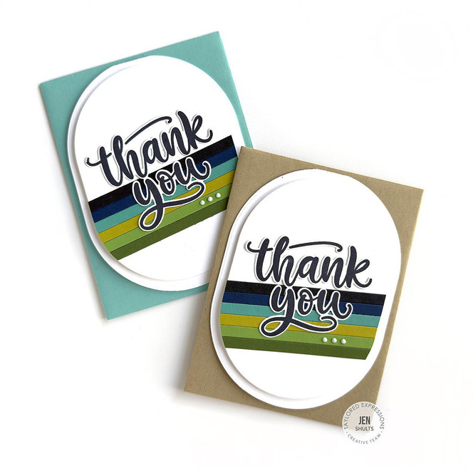 Two handmade greeting cards with stripes on both and thank you sentiments on each.