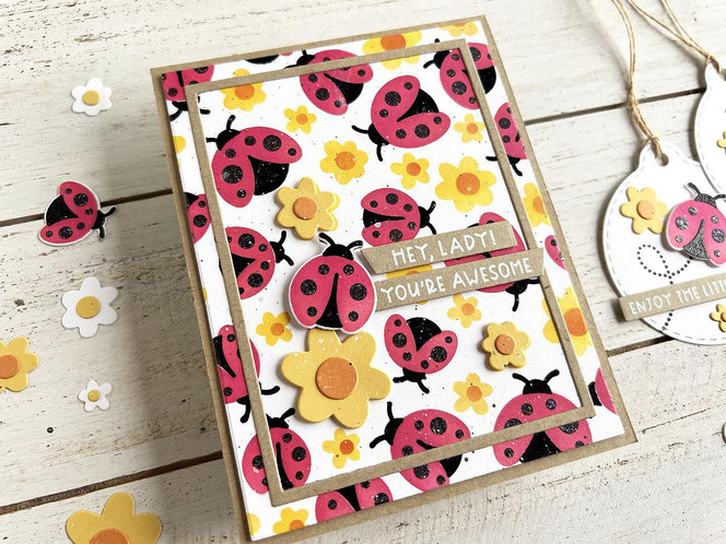 Handmade greeting card with lady bugs and flowers on it with hey, lady you're awesome with a matching gift tag next to it.